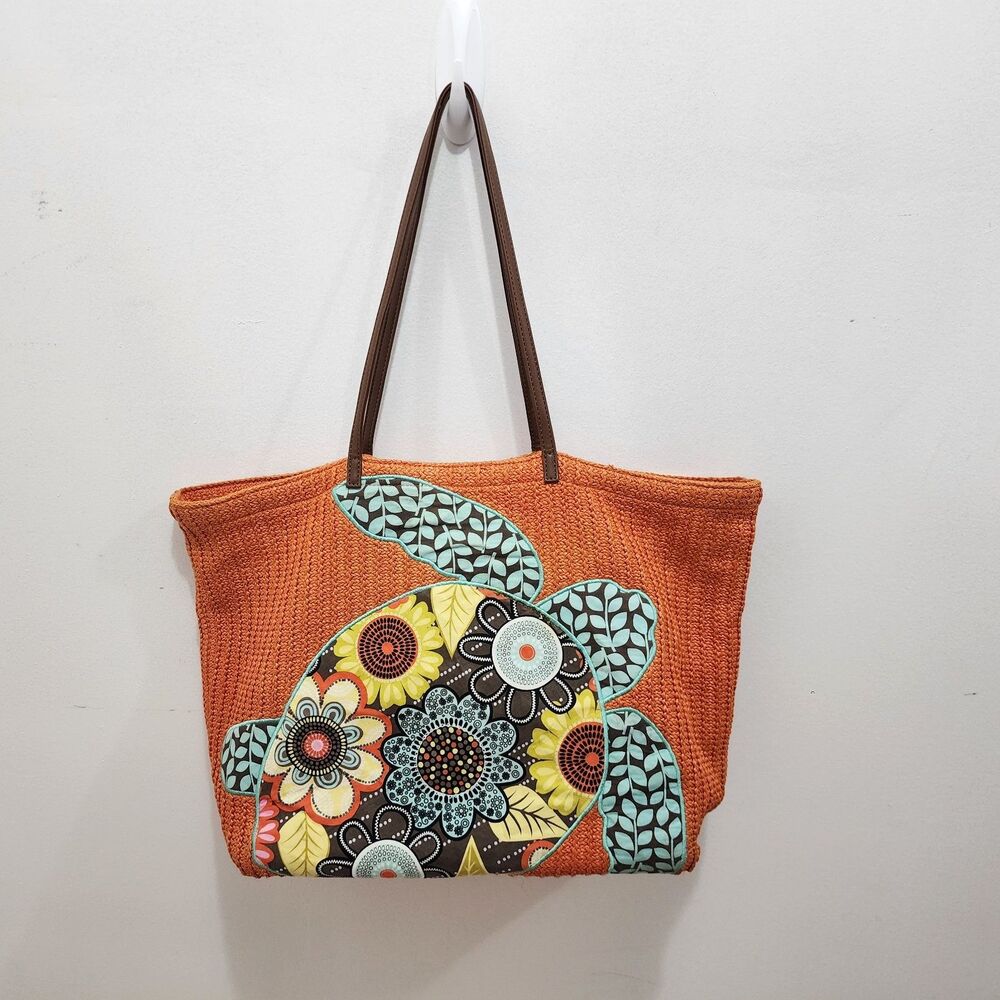Vera Bradley Sun Valley Woven Straw Market Shopping Orange Tote Turtle Beach Bag
